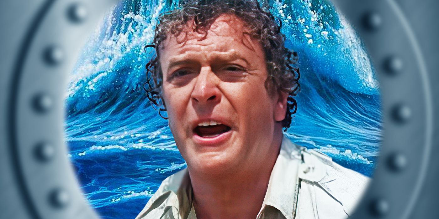 Michael Caine as Hoagie in Jaws The Revenge, with a tsunami behind him, and viewed through the porthole of a boat.