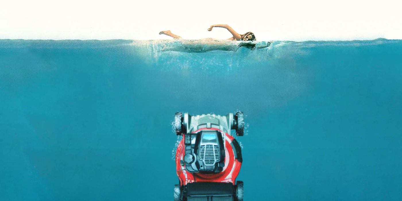 The iconic Jaws poster, but with a red lawnmower racing towards a swimming woman instead of a shark.