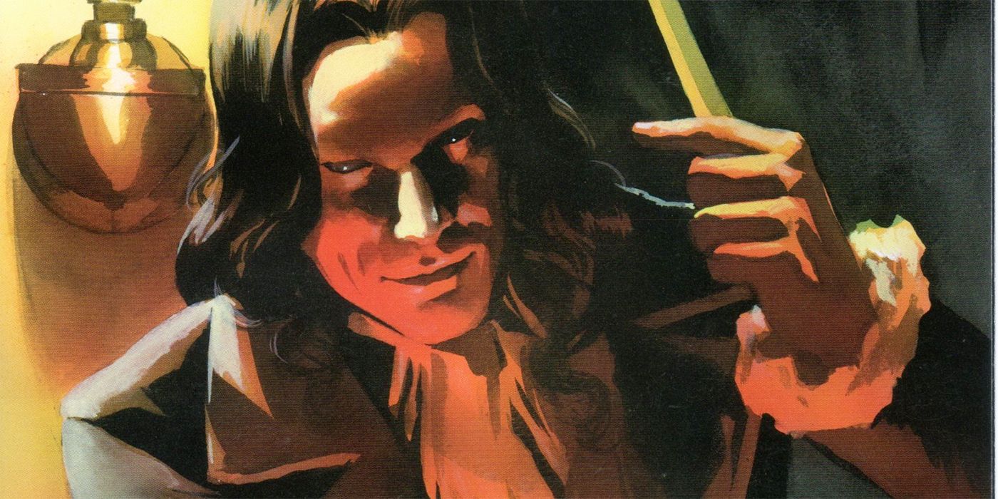 An illustration of a sinister looking man holding a blade up in his hand from the cover of the comic book Fevre Dream