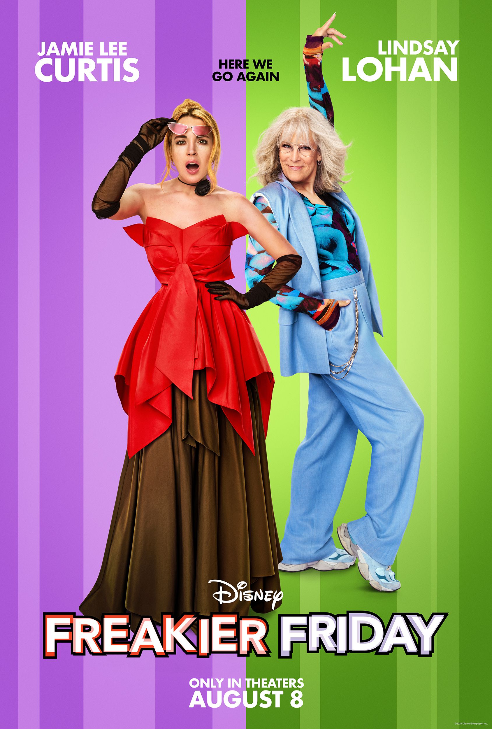 lindsay lohan wears a wild red dress and looks bewildered next to jamie lee curtis in a baby blue suit in freakier friday poster