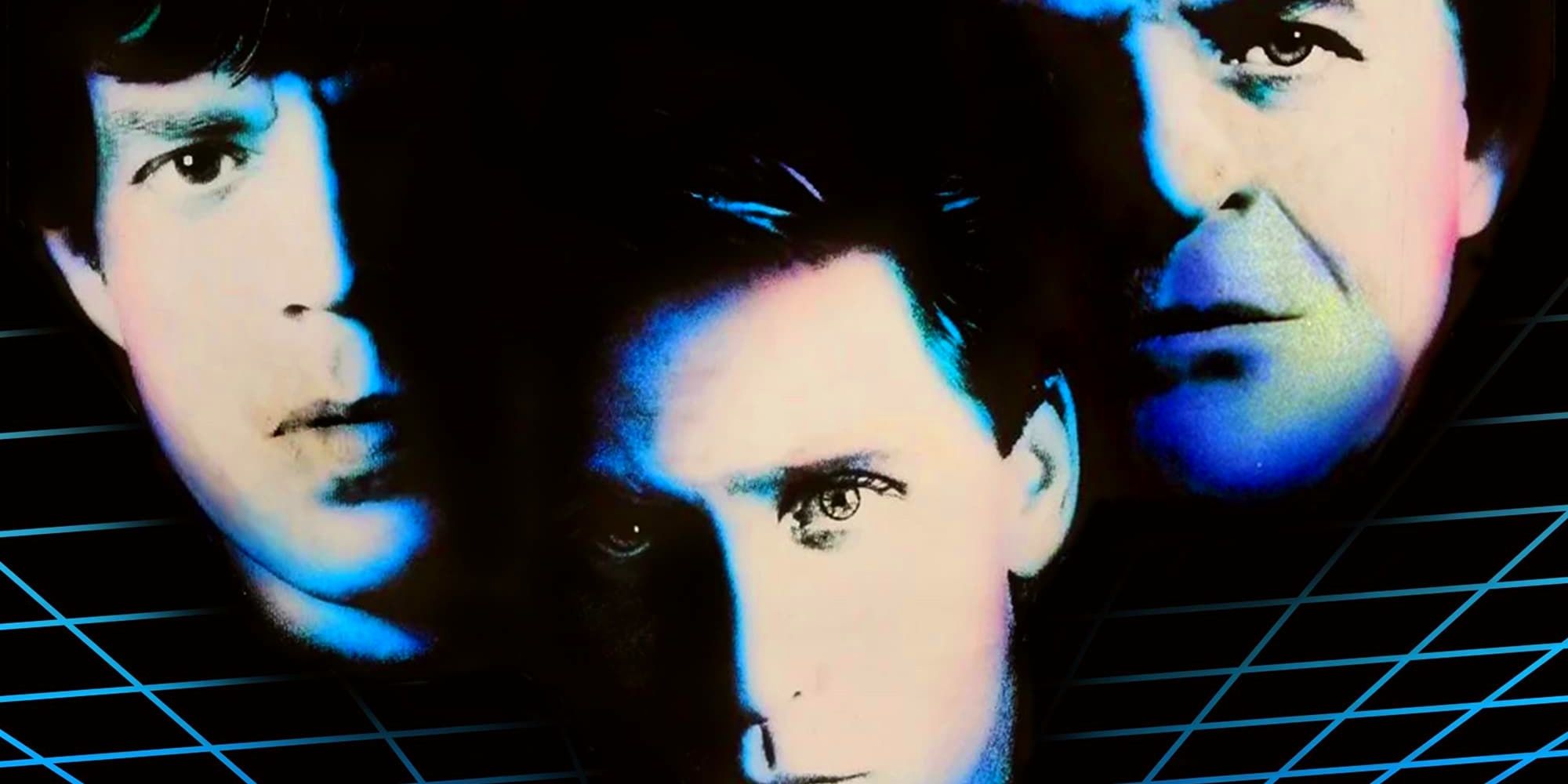 The faces of actors Mick Jagger, Emilio Estevez and Anthony Hopkins bathed in a dark blue shadow against a digital background in Freejack.