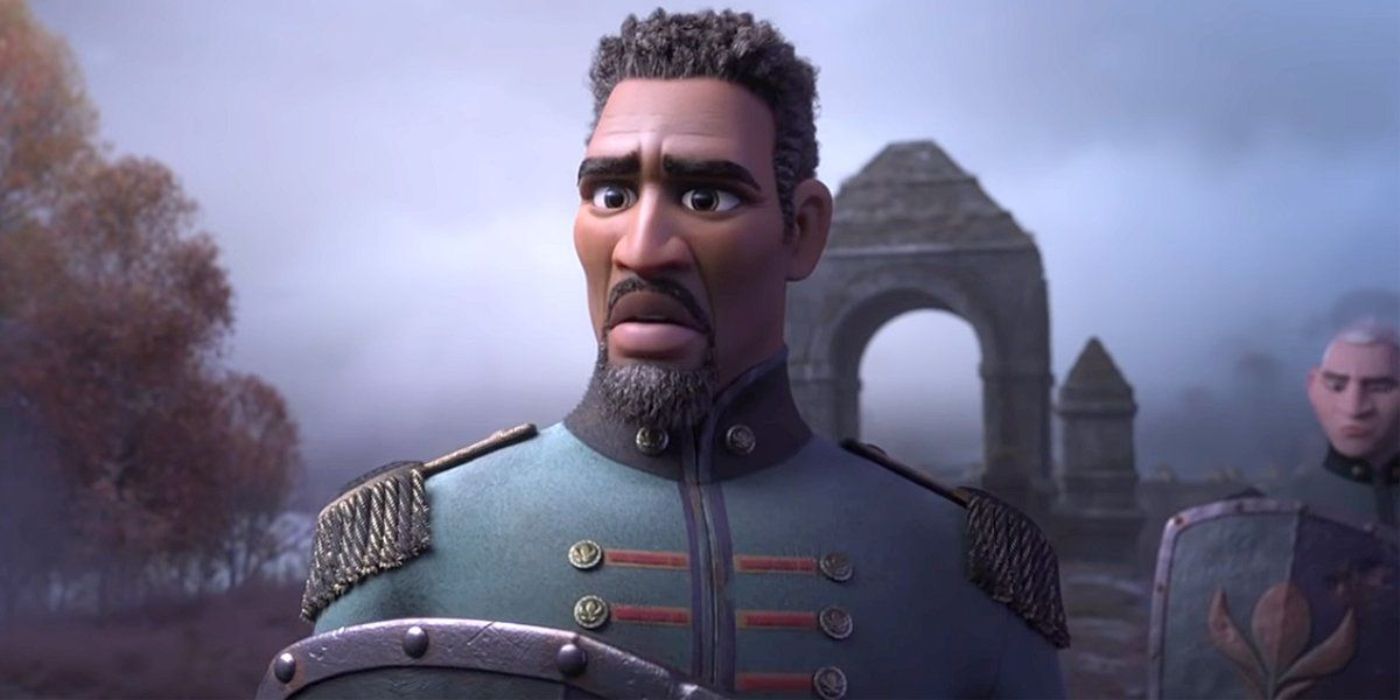 A character in a military uniform voiced by Sterling K. Brown looks sad in Frozen II.