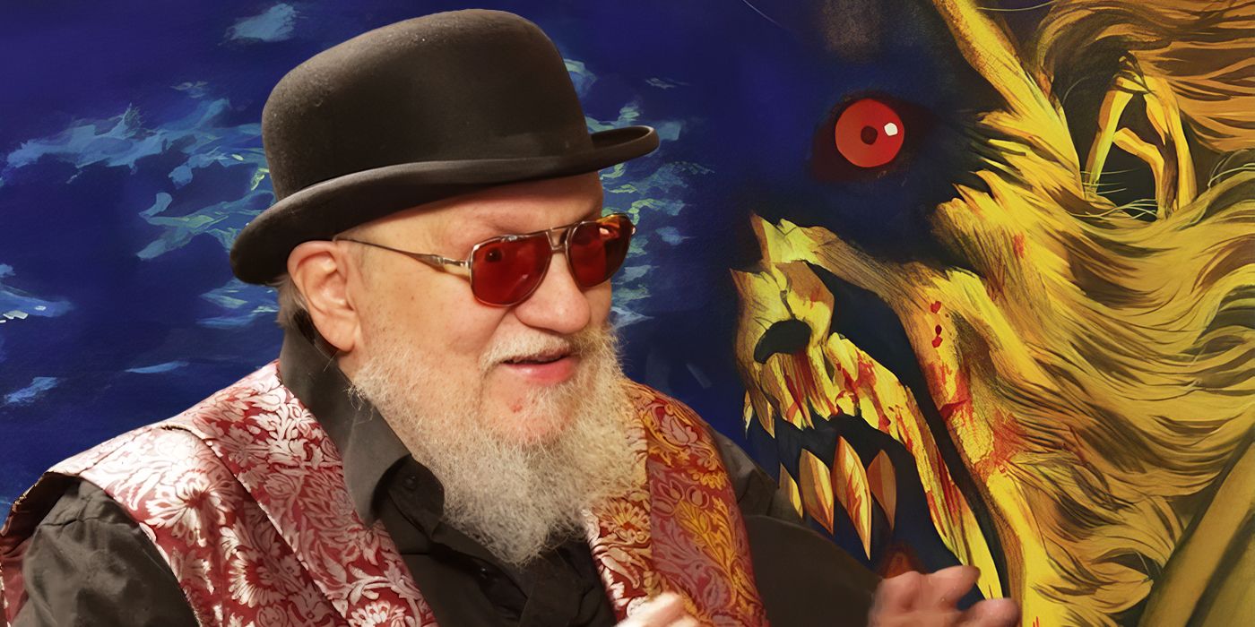 George R.R. Martin in front of the cover of his book, Fevre Dream