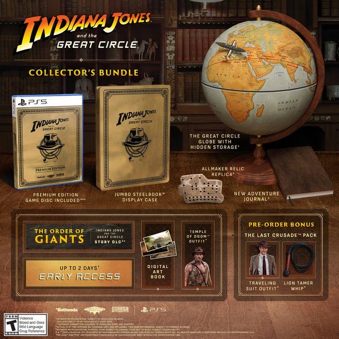 Indiana Jones and the Great Circle Collector’s Edition for PS5 will come with a copy of the game, a Jumbo Steelbook, The Great Circle Globe and an Allmaker Replica. Gamers will also have early access to a bunch of in-game content. This includes “The Order of Giants” story DLC, a digital artbook and a Temple of Doom outfit. “The Last Crusade Pack” featuring a “Traveling” outfit and lion tamer whip will be a pre-order bonus.
