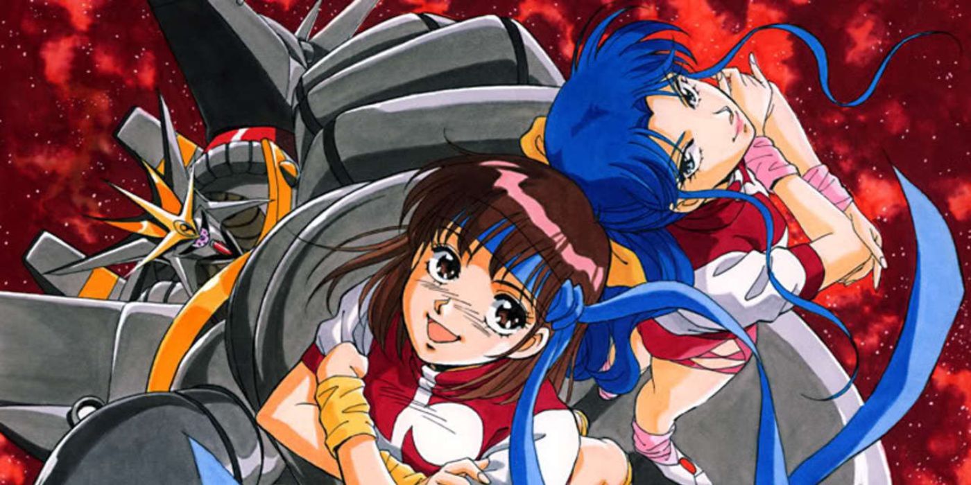 Two characters from Gunbuster anime smile with a large robot in the background.