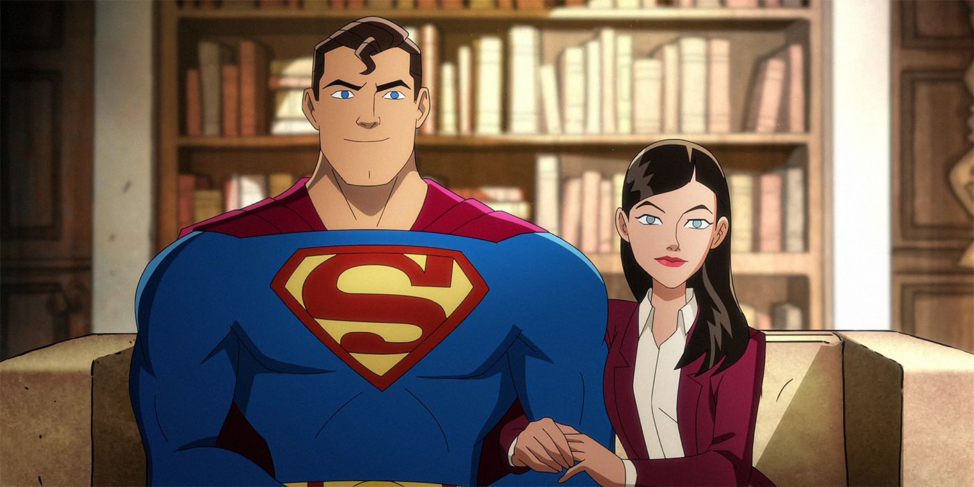 Superman and Lois Lane sitting next to each other on a couch in Harley Quinn