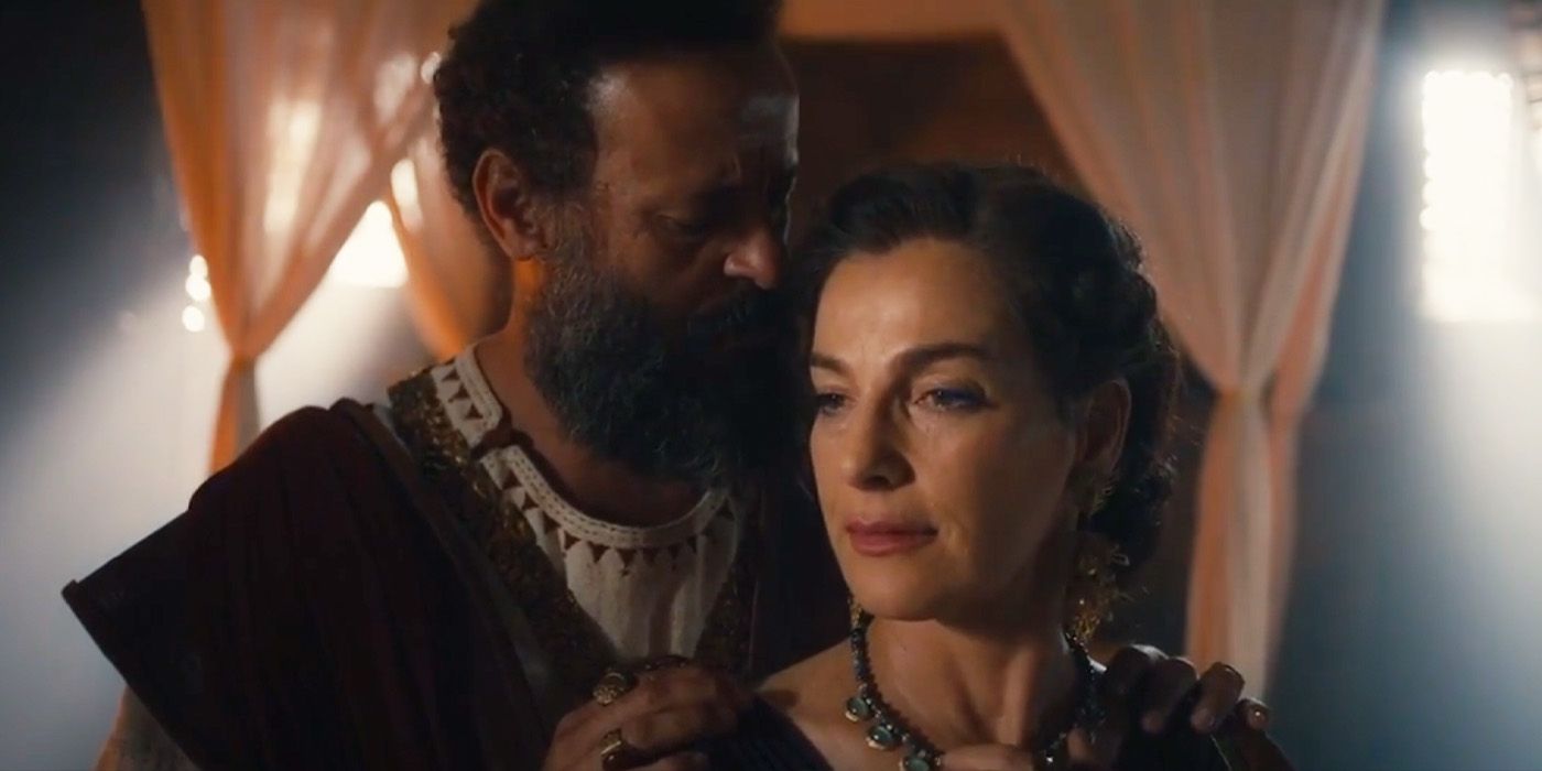 King Saul (Ali Suliman) stands behind his wife Queen Ahinoam (Ayelet Zurer) on 'House of David'