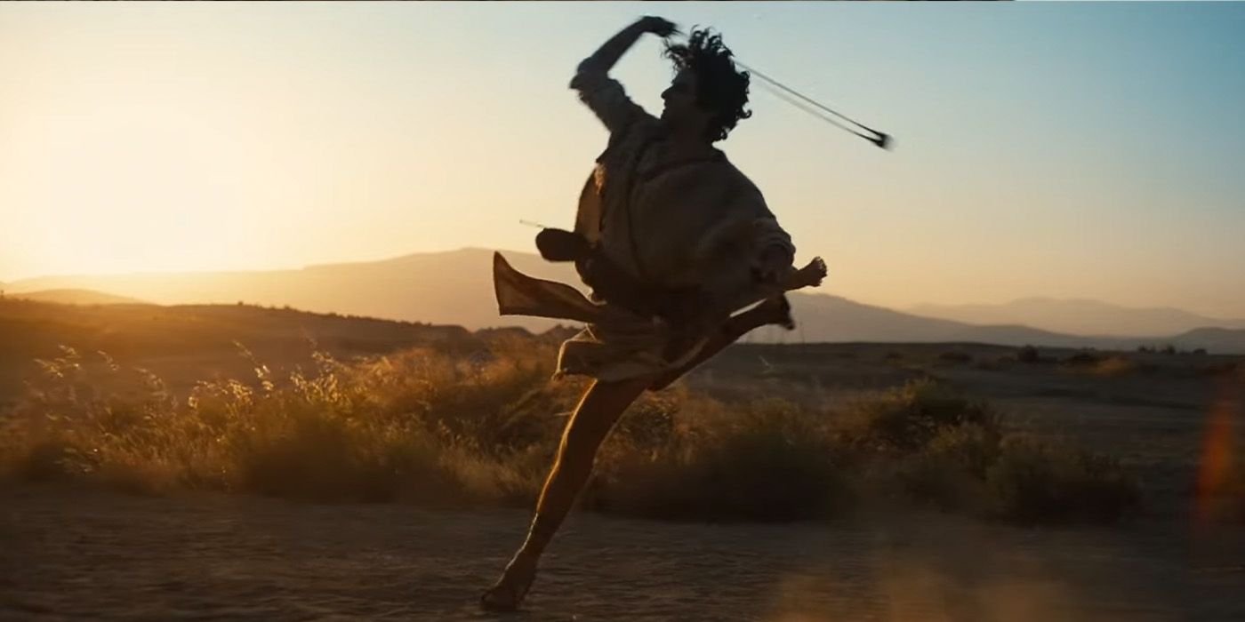 David (Michael Iskander) slings his stone on the battlefield on &lsquo;House of David&rsquo;