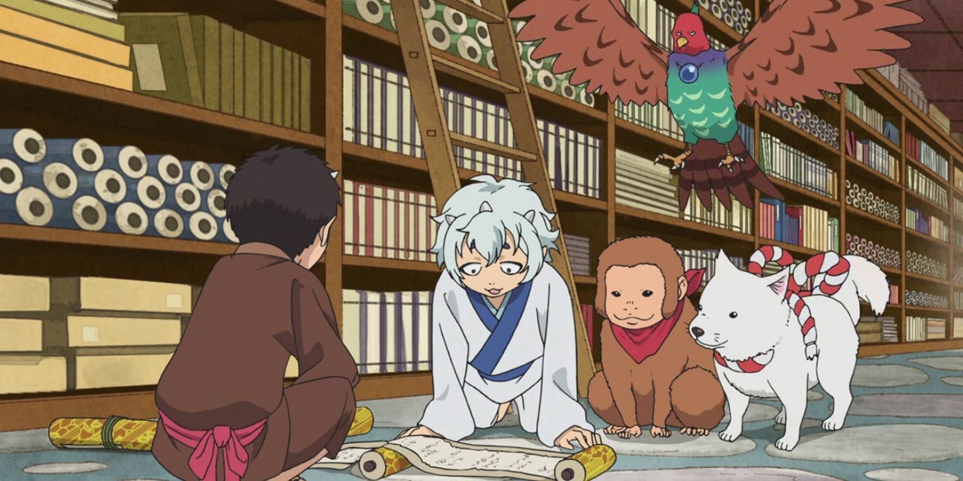 Two boys, a chicken, a monkey, and a dog looking at a scroll in Hozuki&rsquo;s Coolheadedness