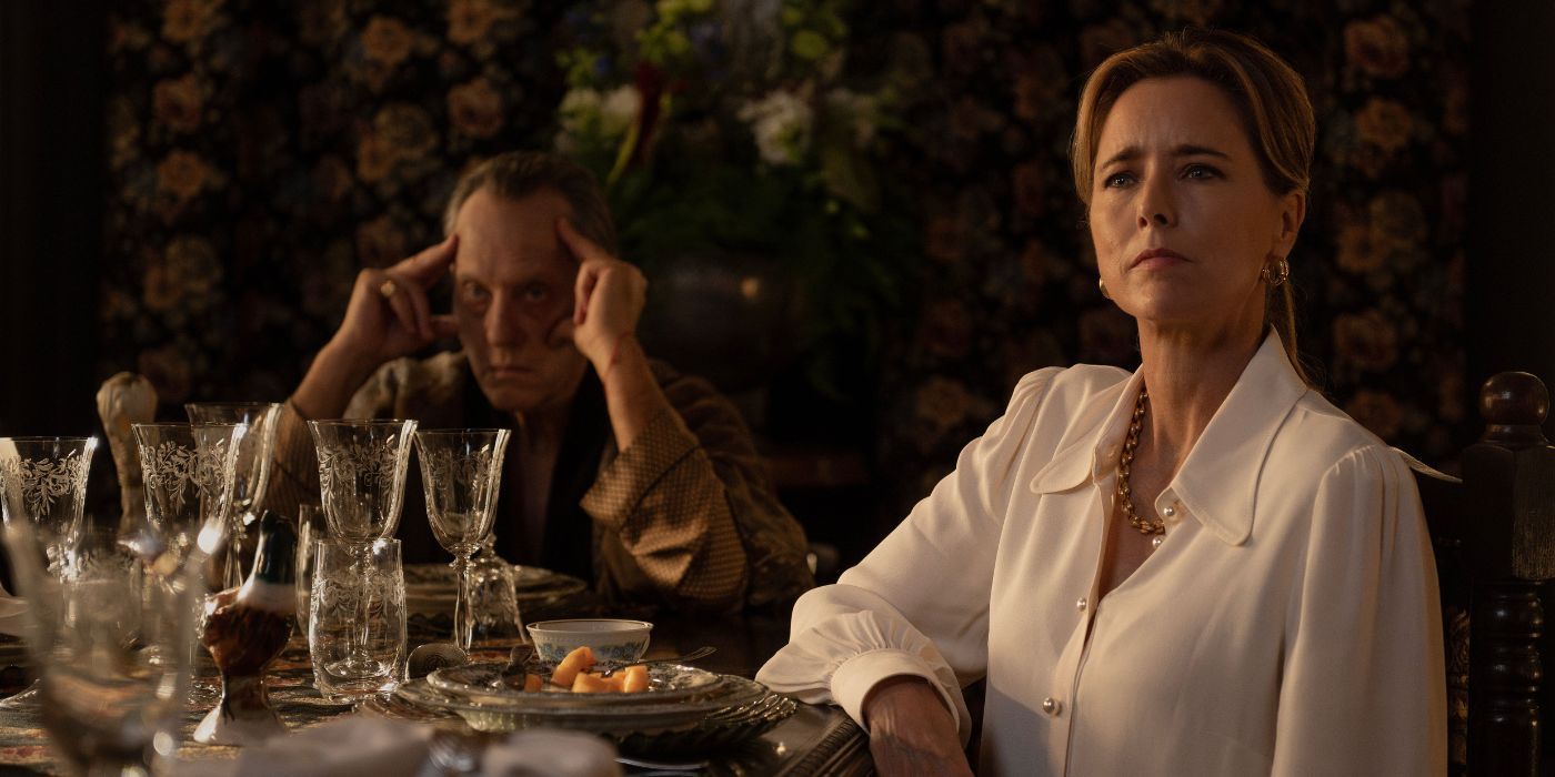 Richard E. Grant and Tea Leoni in Death of a Unicorn.