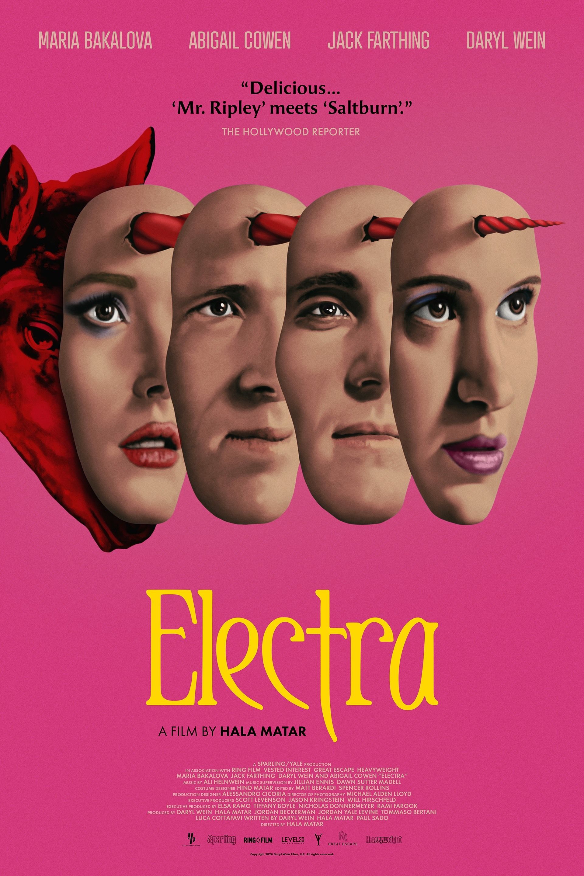 The poster for 2025&rsquo;s Electra, depicting the cast&rsquo;s faces as masks impaled on the horn of a unicorn.