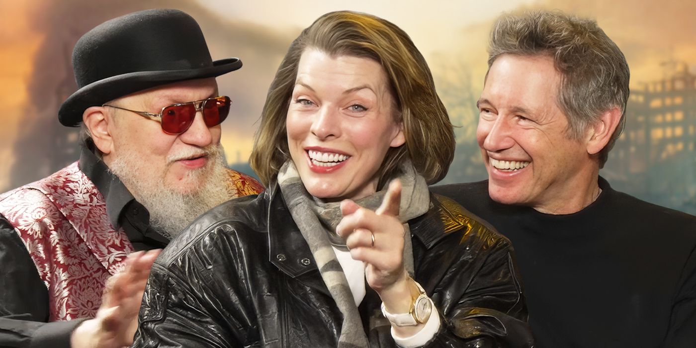 George R.R. Martin, Milla Jovovich, and Paul W.S. Anderson together at the junket for In the Lost Lands