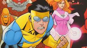 Invincible, Allan, and Atom Eve on a comic cover in 'Invincible.'