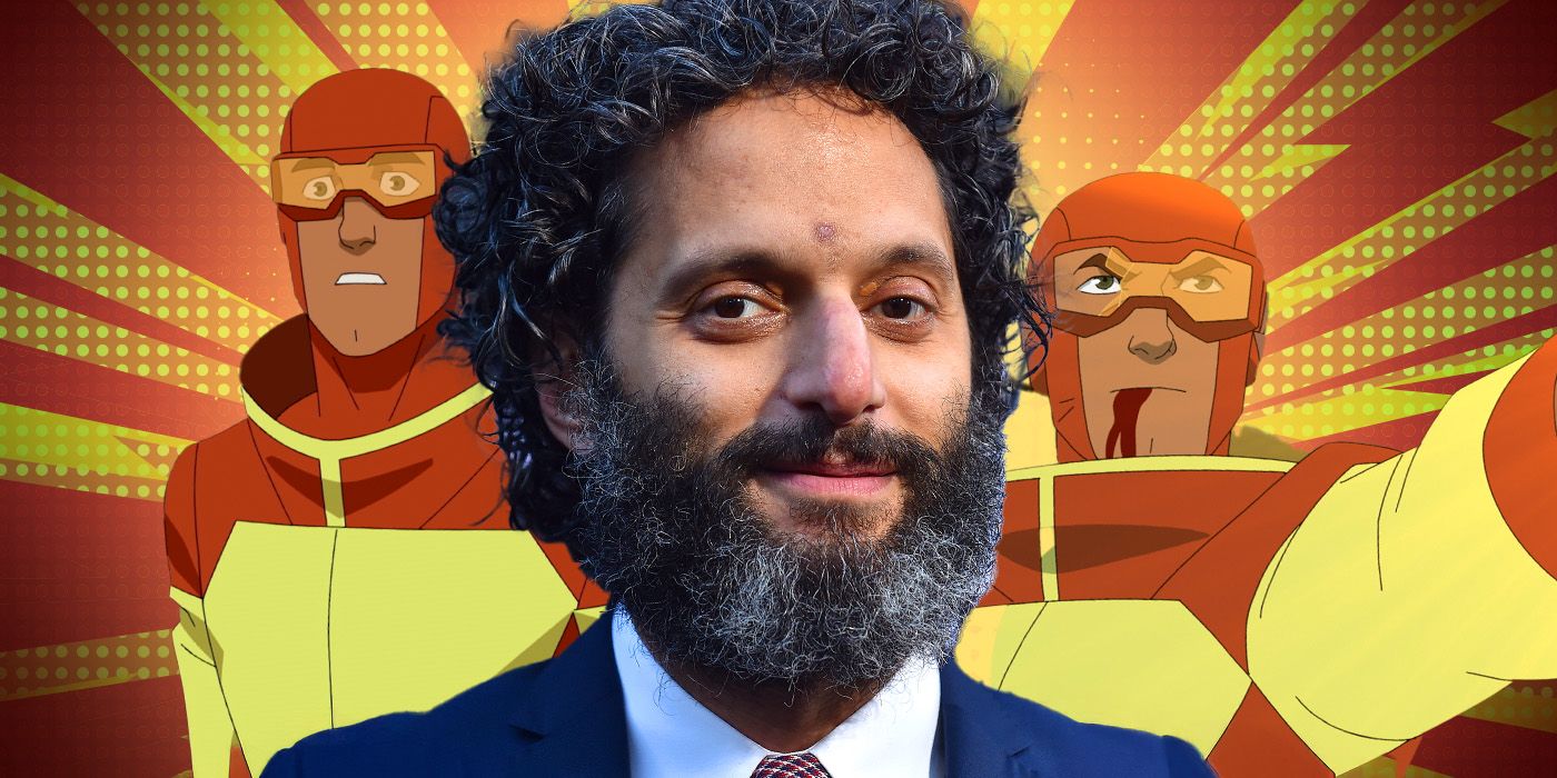 Jason Mantzoukas in front of Rex Splode.