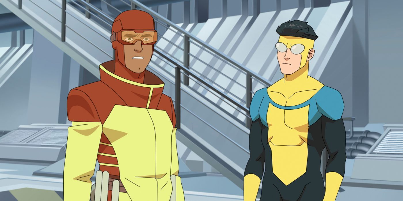 Rex Splode (Jason Mantzoukas) and Mark Grayson (Steven Yeun) in Invincible Season 3.