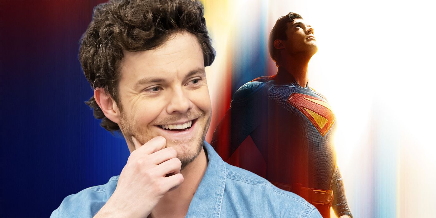 Jack Quaid posing alongside an image of David Corenswet as Superman