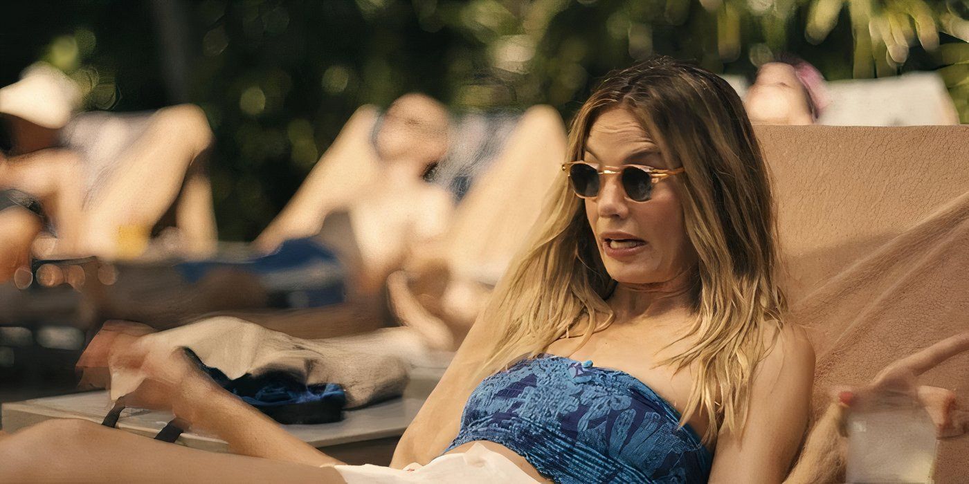 Jaclyn panics while hanging out at a pool when she finds out she&rsquo;s at a resort for older folks in White Lotus.