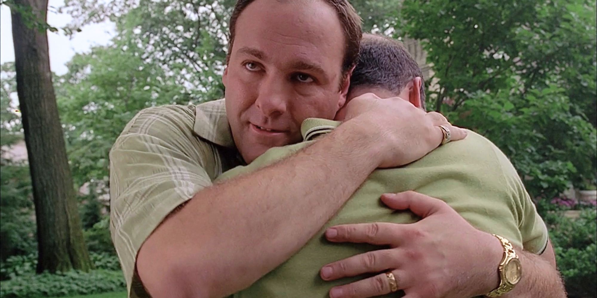 James Gandolfini hugging John Ventimiglia in The Sopranos