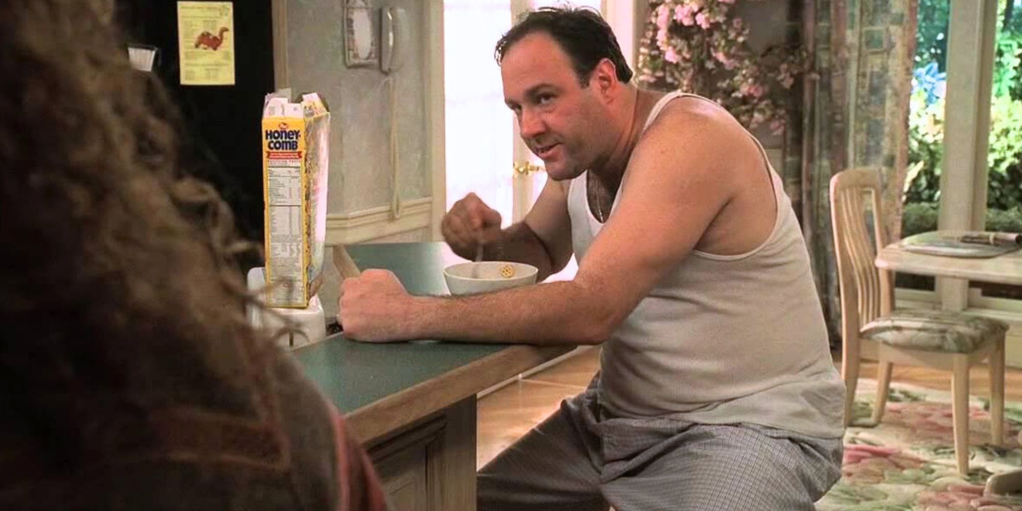 James Gandolfini as Tony Soprano sitting at the kitchen island bar eating cereal in The Sopranos S2, E4