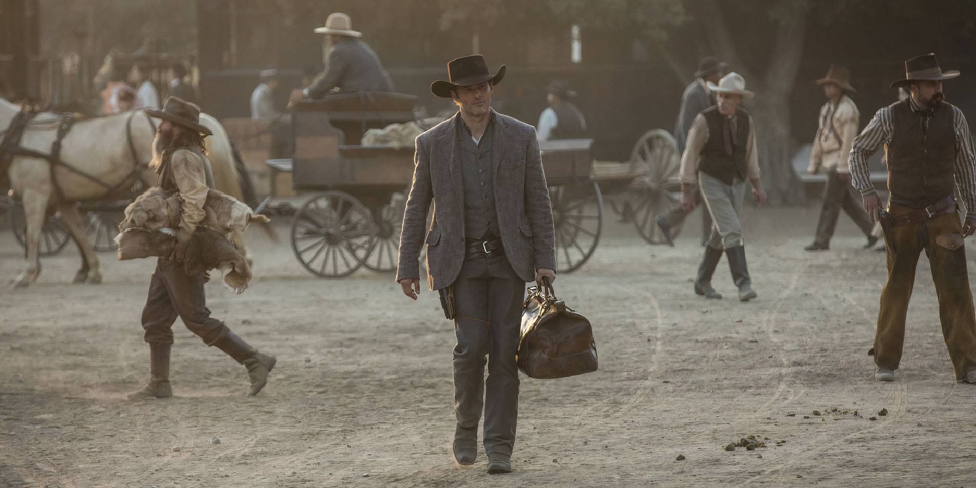 James Marsden in Westworld wandering walking with a bag