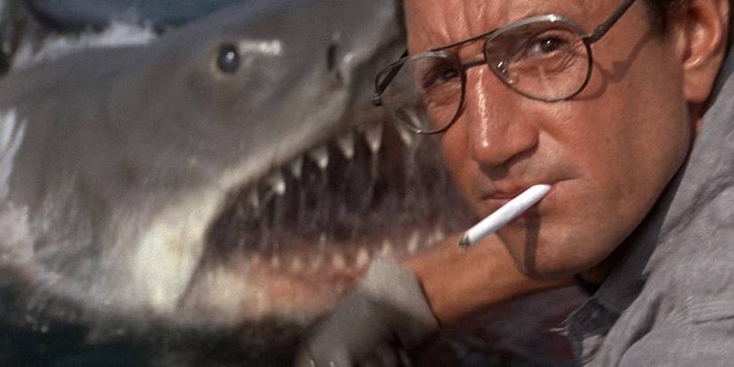 The shark appears as Chief Martin Brody throws chum into the water in Jaws.
