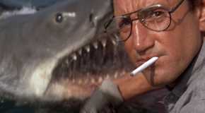 The shark appears as Chief Martin Brody throws chum into the water in Jaws.