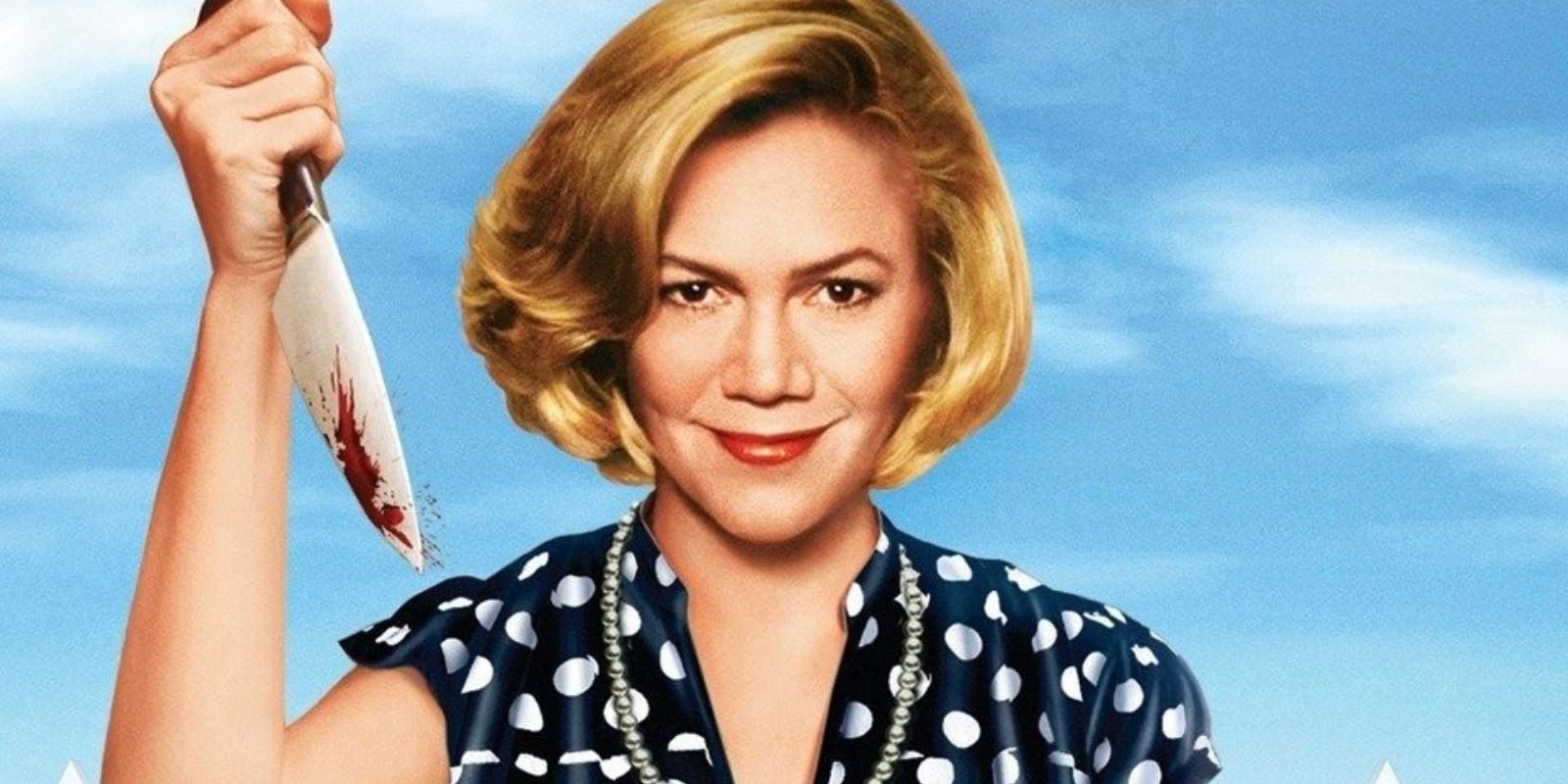 Kathleen Turner holding a bloody knife in the Serial Mom poster