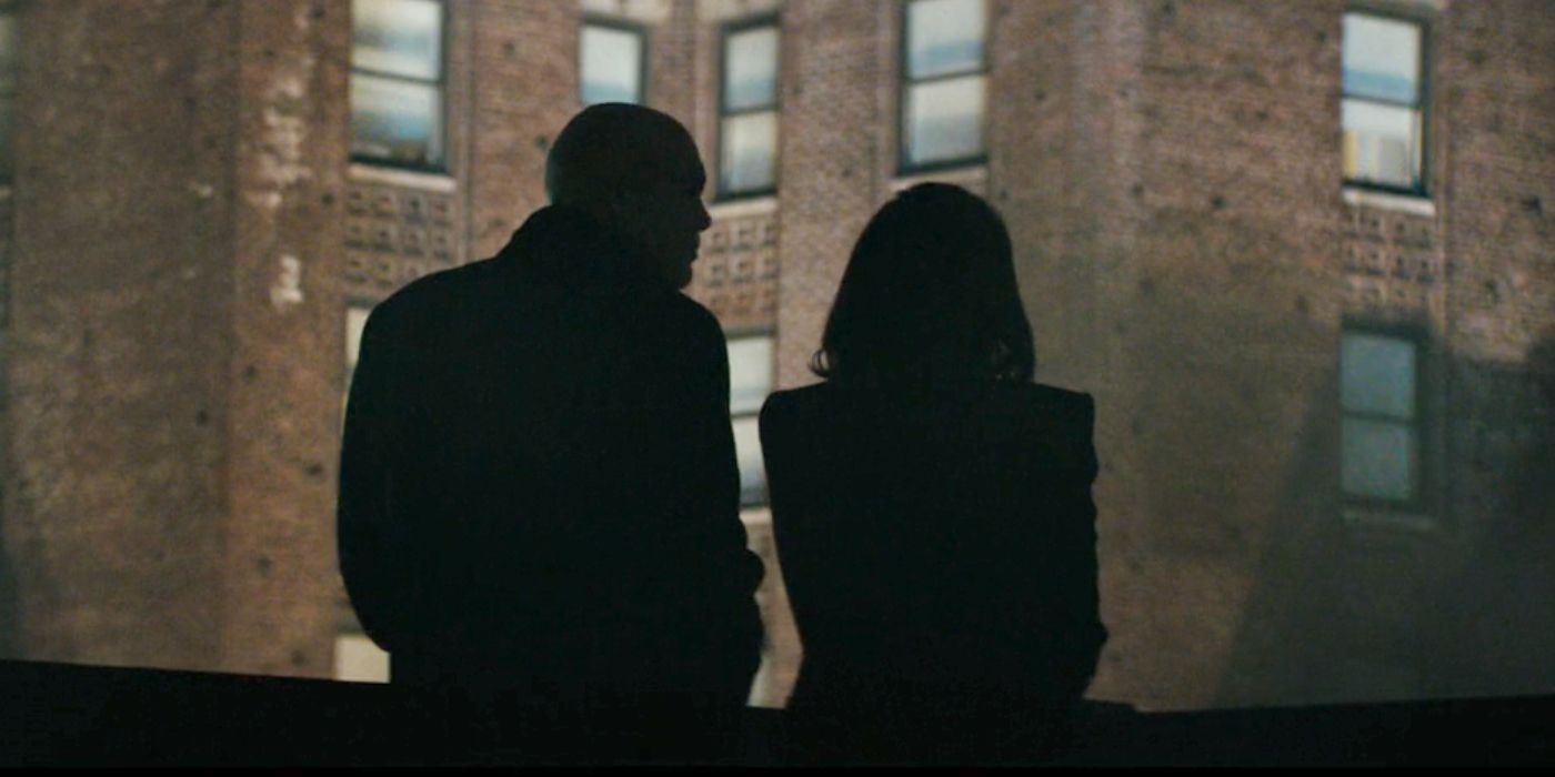 Kingpin (Vincent D'Onofrio) and Vanessa (Ayelet Zurer) on the rooftop after his election in Episode 1 of 'Daredevil: Born Again.'