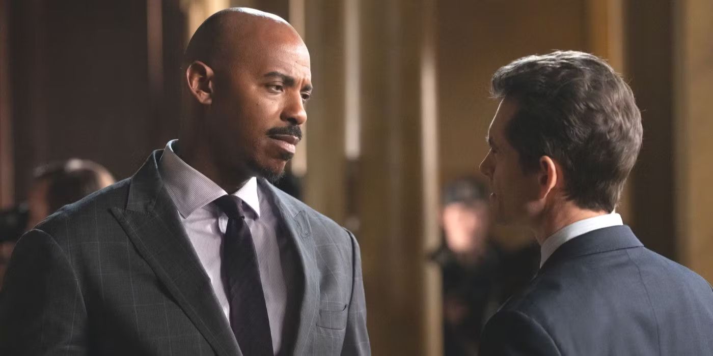 Mehcad Brooks as Jalen Shaw and Hugh Dancy as Nolan Price face to face in the courtroom