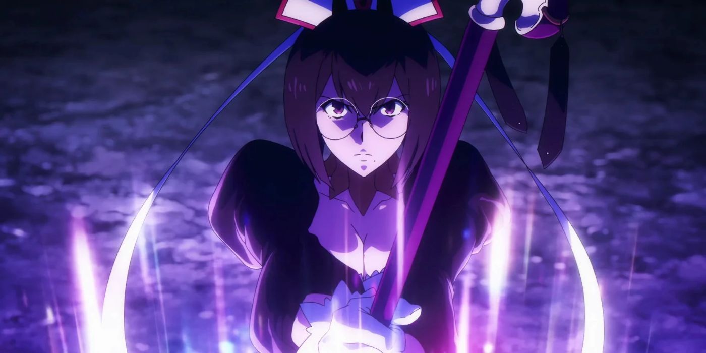Lee Bora from Solo Leveling looks determined, holding a long staff or weapon with purple energy below.