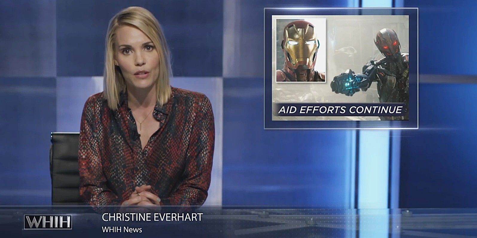 Leslie Bibb as Christine Everhart reporting the Battle of Sokovia for WHIH Newsfront