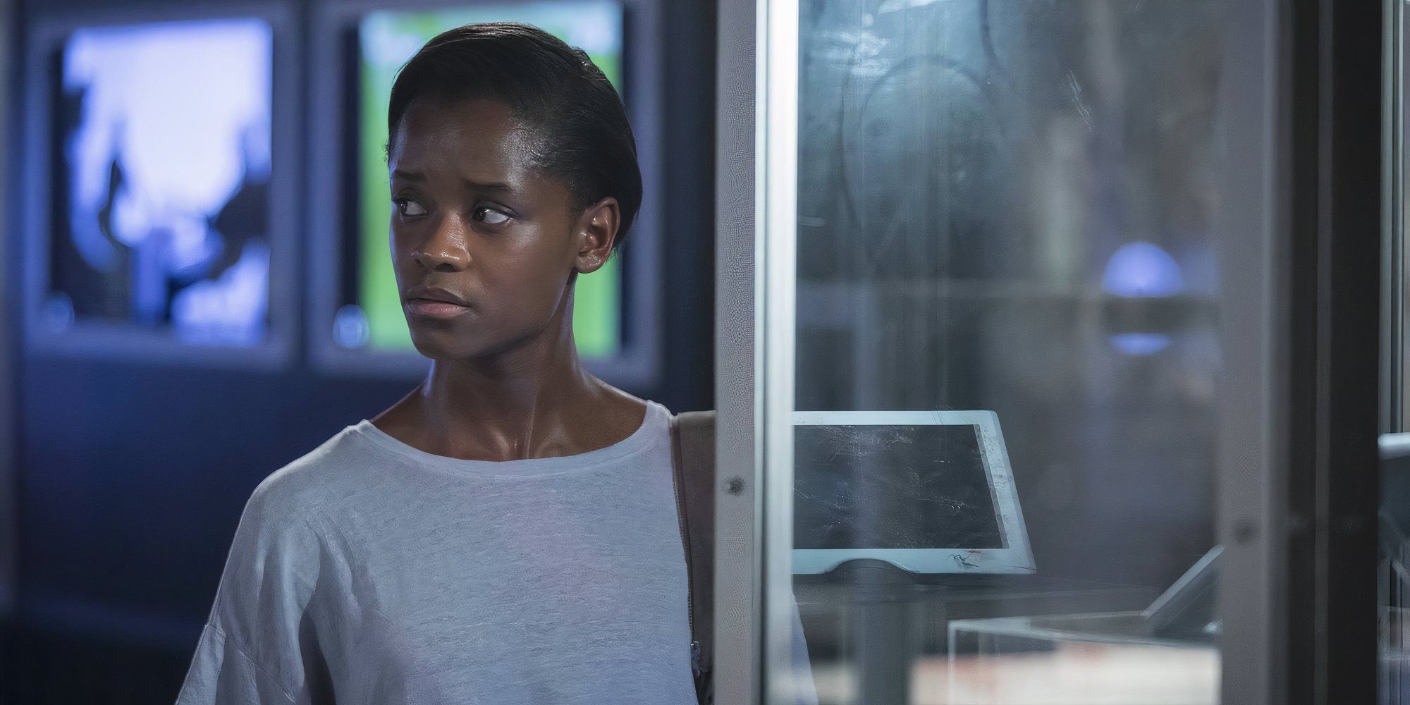 Letitia Wright as Nish in Black Museum Black Mirror looking concerned.