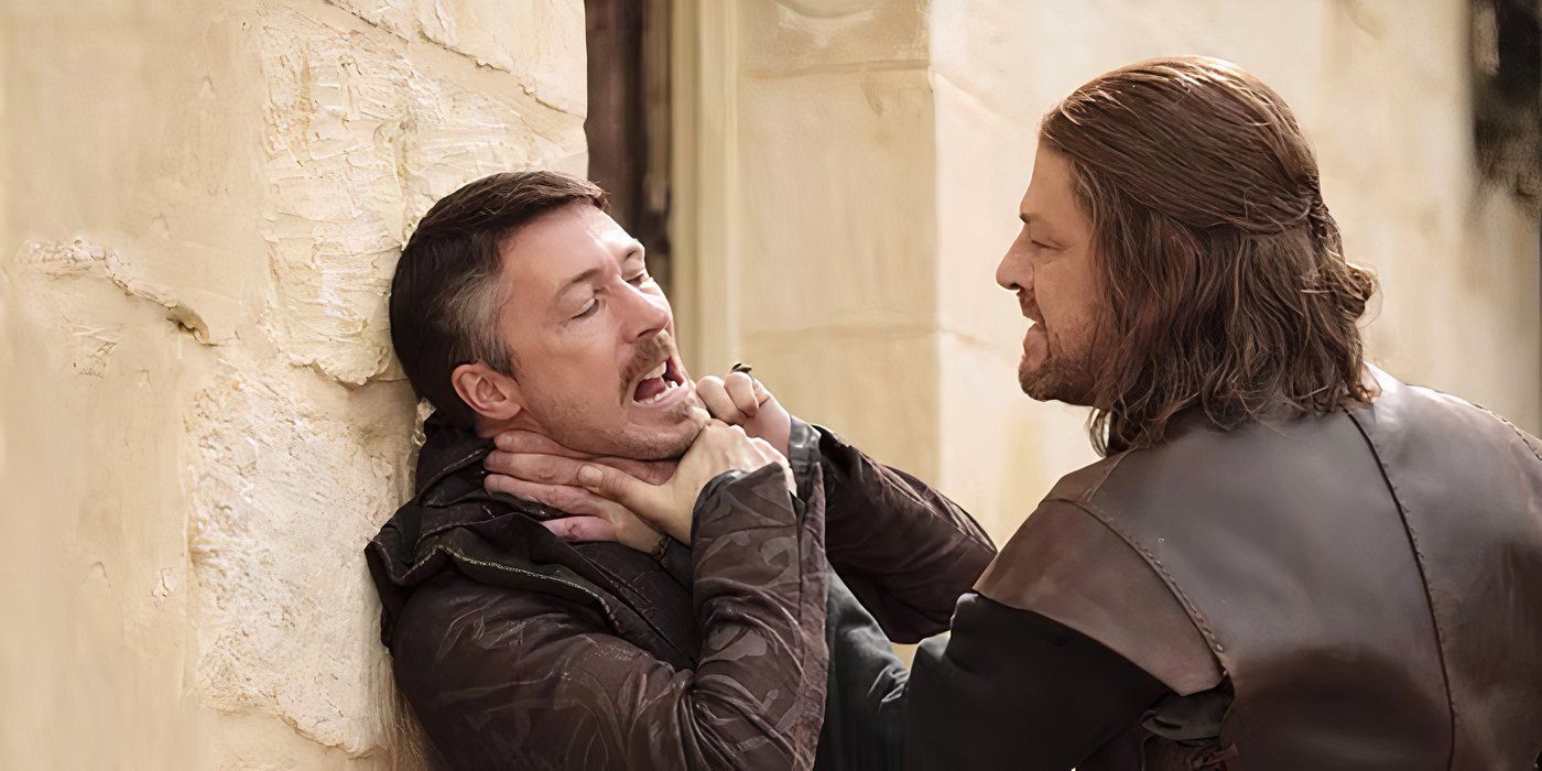 Ned Stark pushing Littlefinger to a wall by the neck in Game of thrones.