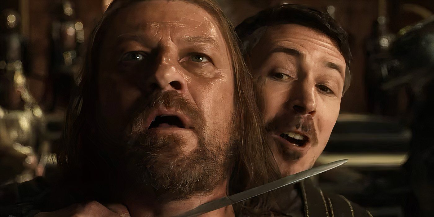 Littlefinger holding a knife to Ned Stark&rsquo;s throat in the Game Of thrones series.