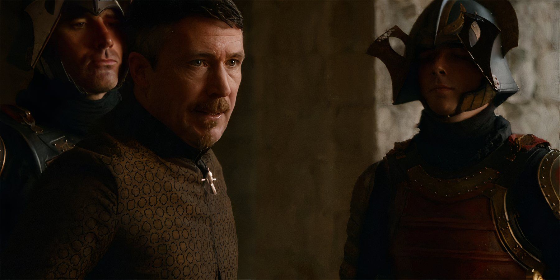 Littlefinger standing among soldiers in Season 2 Episode 1 of Game of Thrones.