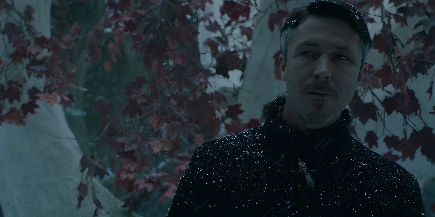 Littlefinger speaking to Sansa while it snows in Season 6 Episode 10 of Game of Thrones.