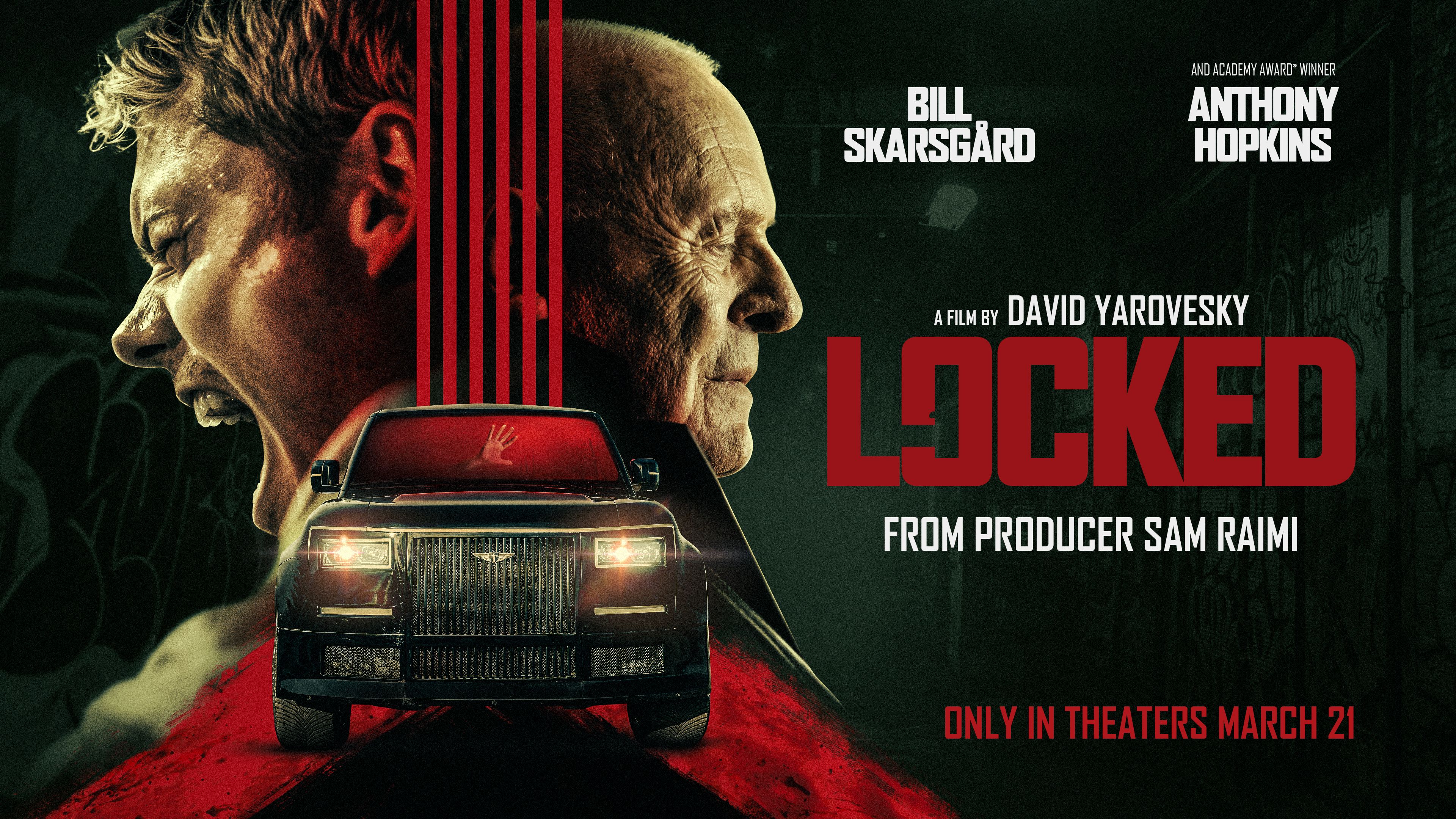 Horizontal poster art for Locked featuring Bill Skarsgard and Anthony Hopkins