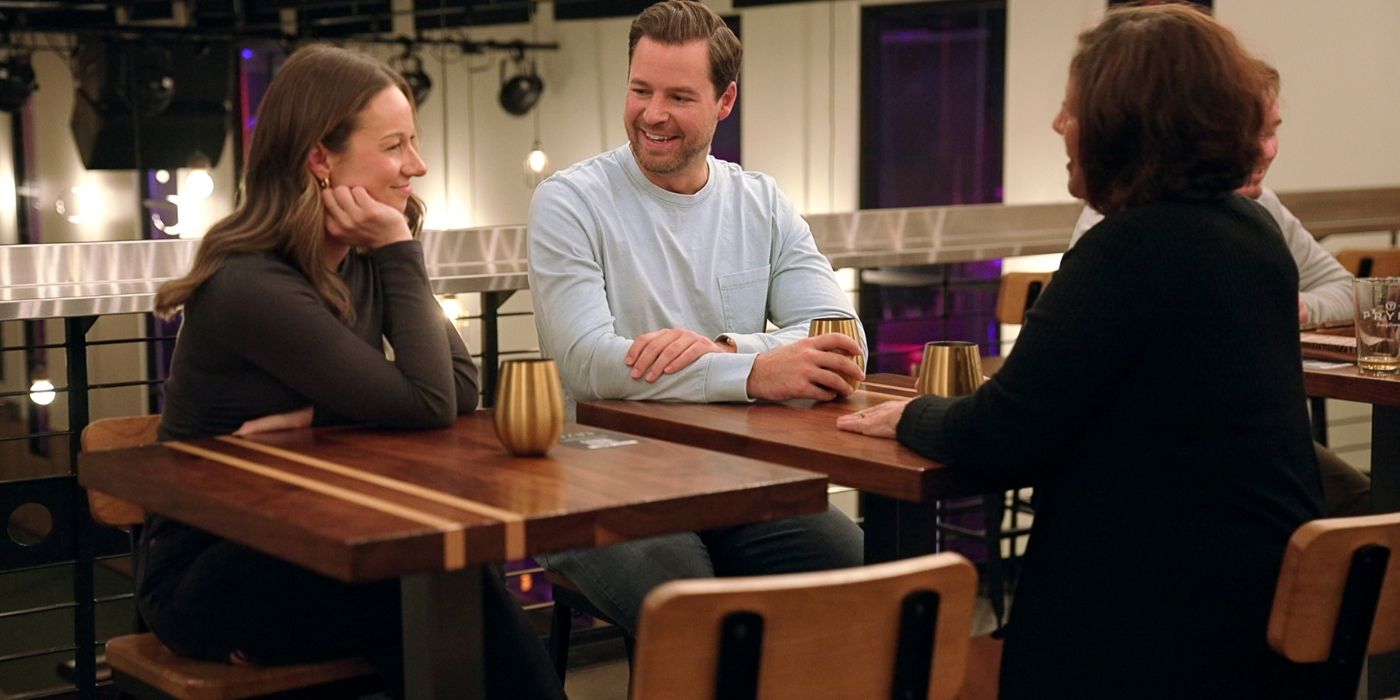 Lauren and Dave sit with Lauren's mom on 'Love is Blind' Season 8.