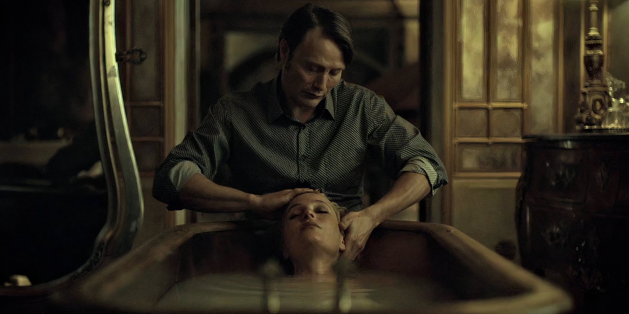 Mads Mikkelsen as Hannibal in Hannibal washing a girl's hair as she lies in the bathtub?