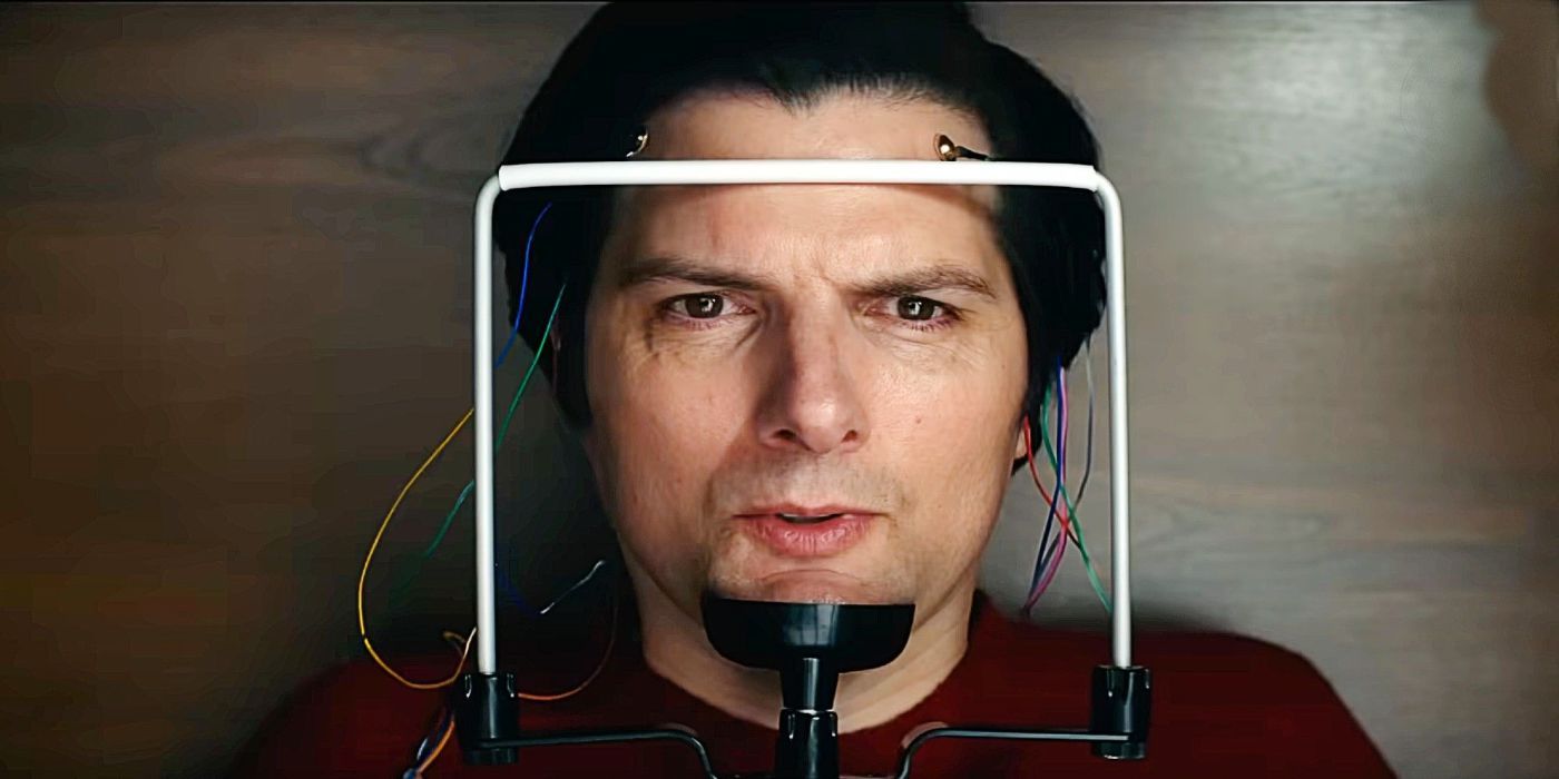 Mark Scout (Adam Scott) with his face in the reintegration machine in Severance Season 2 Episode 3.