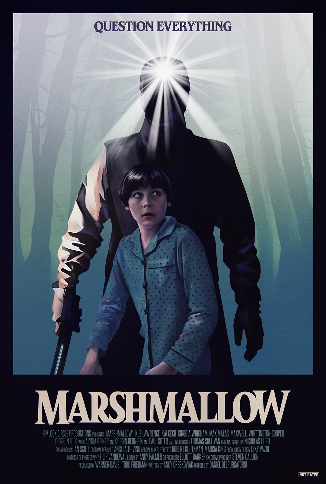 Marshmallow poster featuring a boy hiding in a shadow of a man with a light coming from his face.