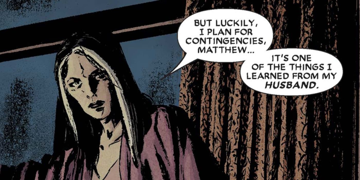 A panel from Marvel Comics of Vanessa Fisk talking to an offscreen Matt Murdock