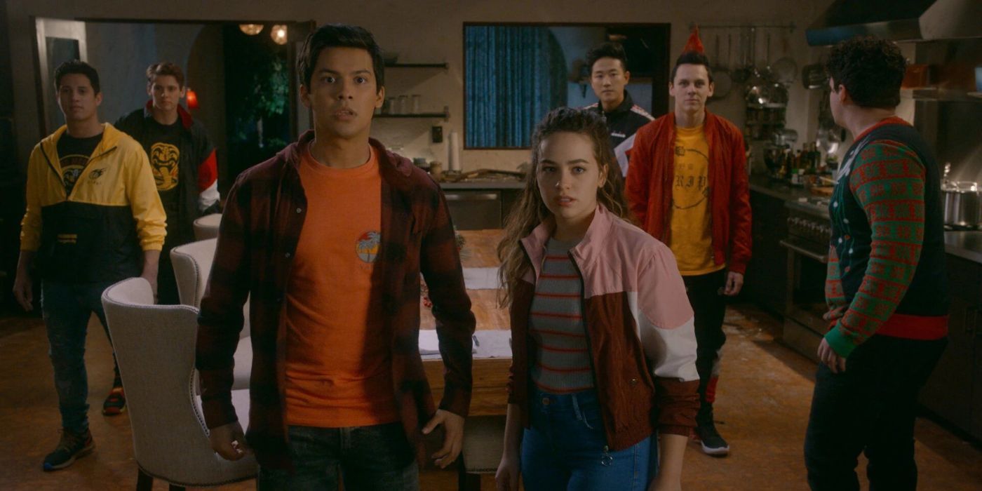 Miguel and Sam looking scared in the LaRusso household in Cobra Kai Season 3, Episode 10.