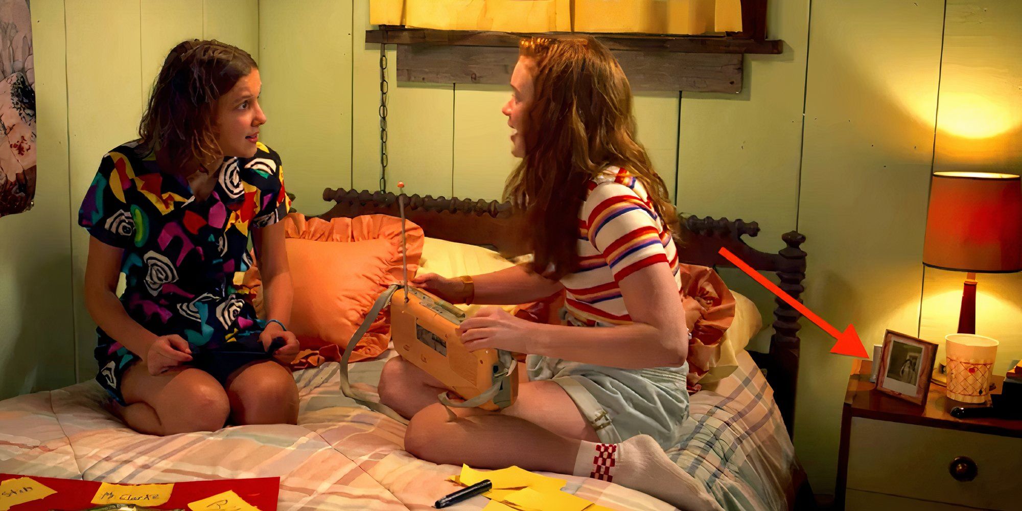 Millie Bobby Brown and Sadie Sink as Eleven and Max in Stranger Things sitting in bed