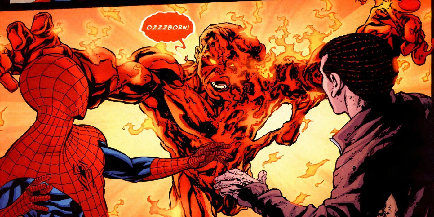 Molten Man lurching at Spider-Man and Harry Osborn in Marvel Comics