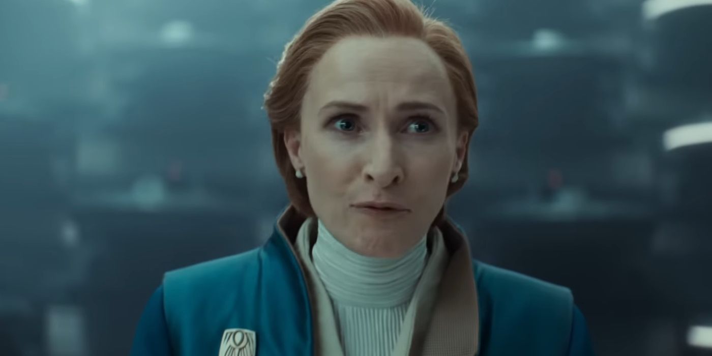 Genevieve O'Reilly as Senator Mon Mothma of Chandrila, giving an impassioned speech to the Imperial Senate, in 'Andor' season 2.