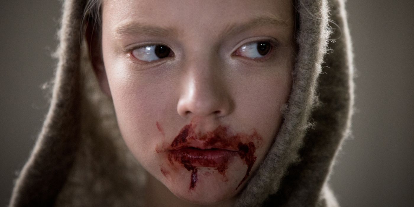Anya Taylor-Joy with a bloody mouth in Morgan