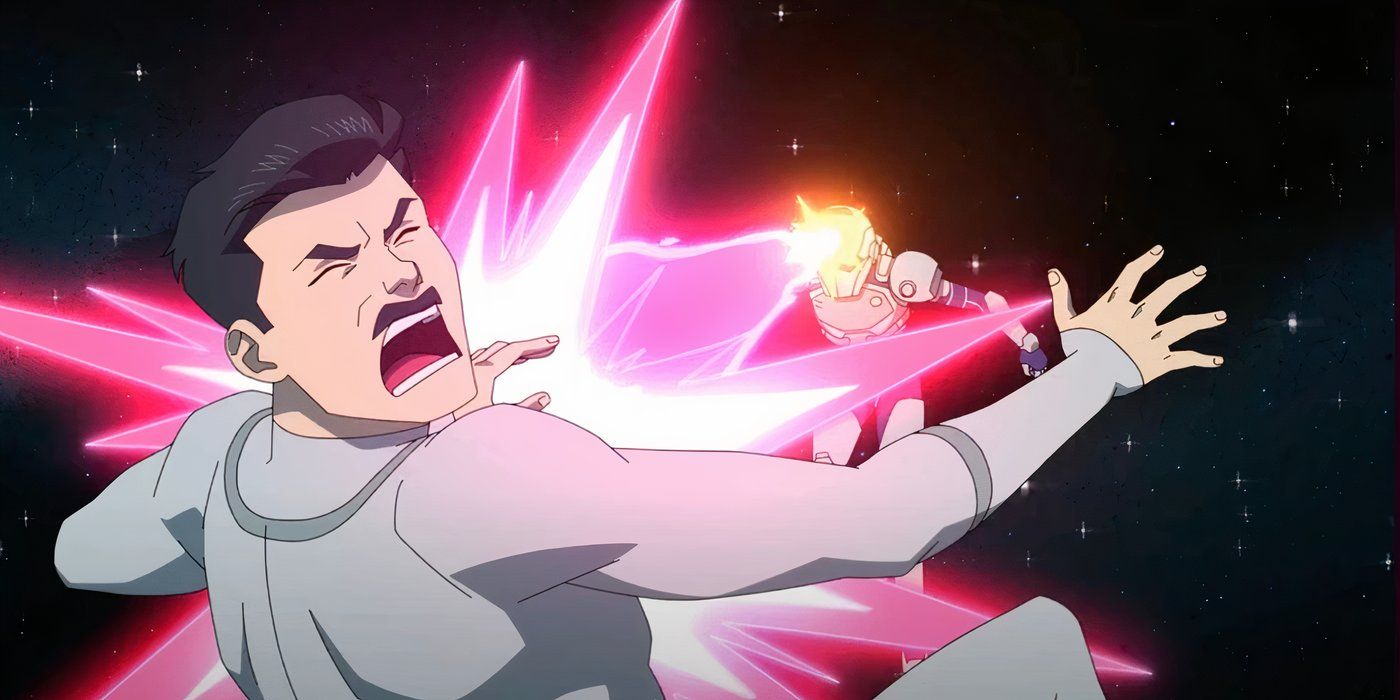 Mustache Invincible being blasted by Tech Jacket in Invincible.
