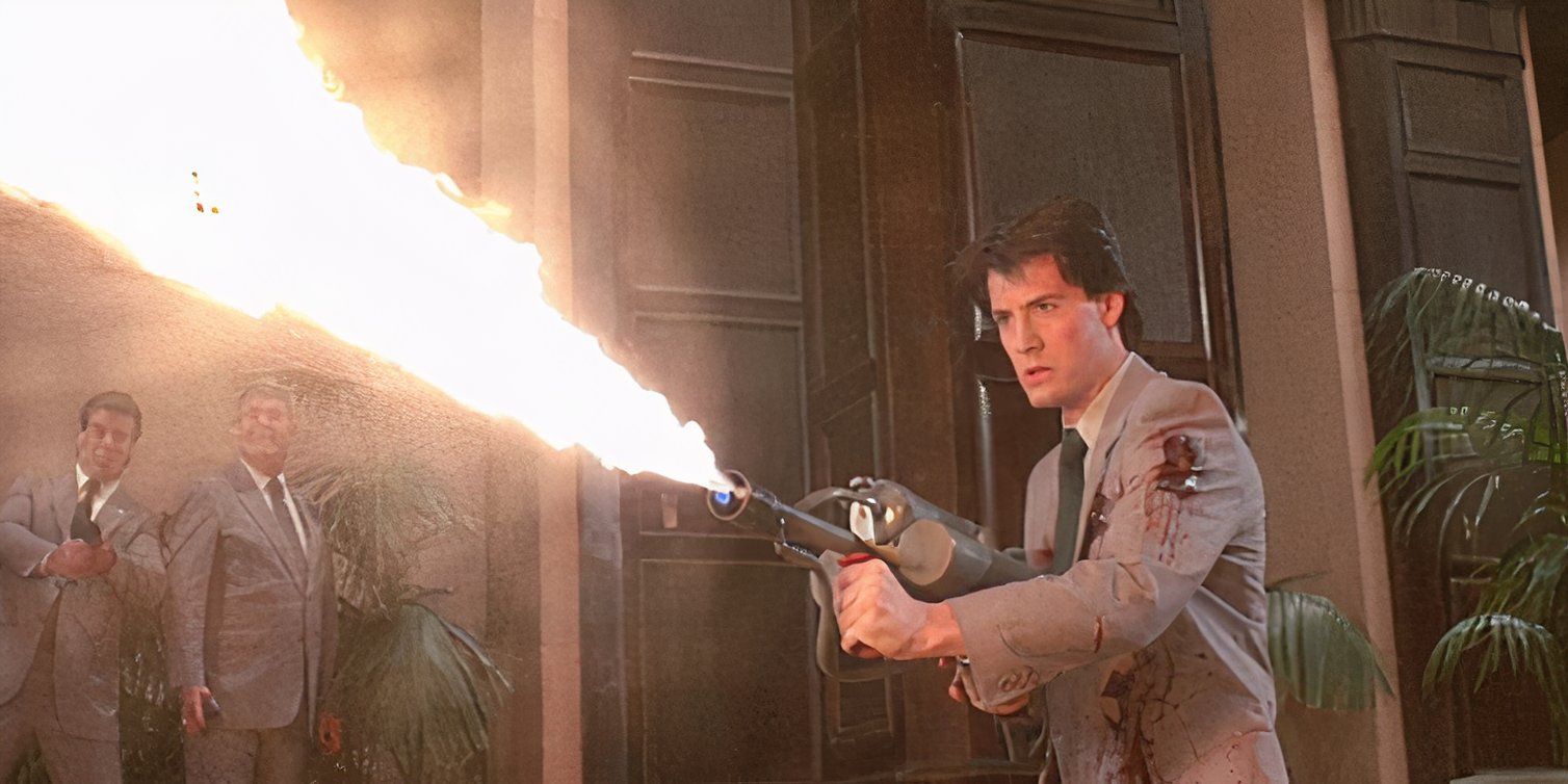 Kyel MacLachlan uses a high-tech flamethrower in The Hidden