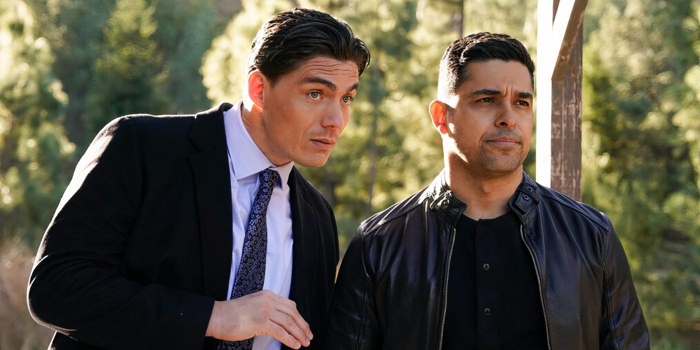 Sawyer leans towards Torres as they stand in the woods in NCIS Season 22.